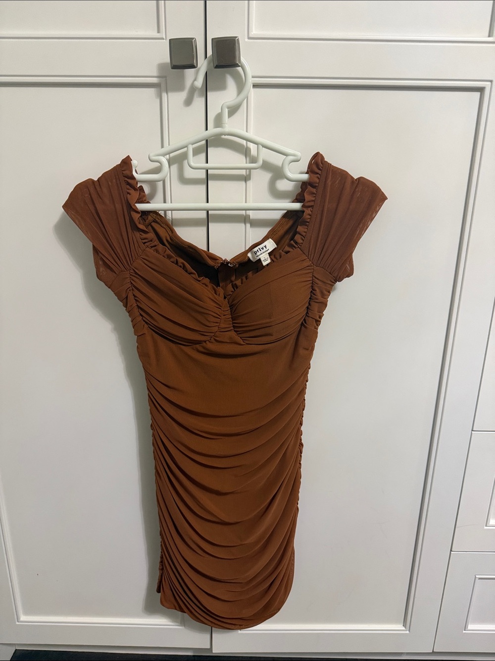 Ruched Off-Shoulder Bodycon Dress in Brown